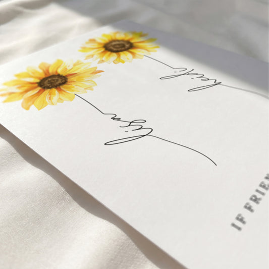 Close up of personalized sunflower art print with custom names for up to 3 friends