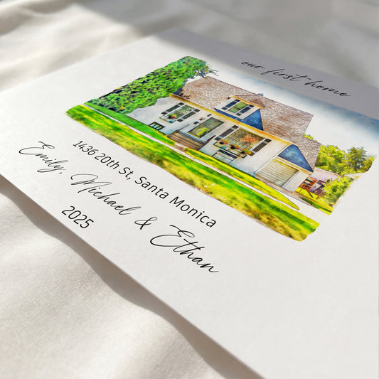 Personalized watercolor house portrait showing detailed artwork created from a house photo
