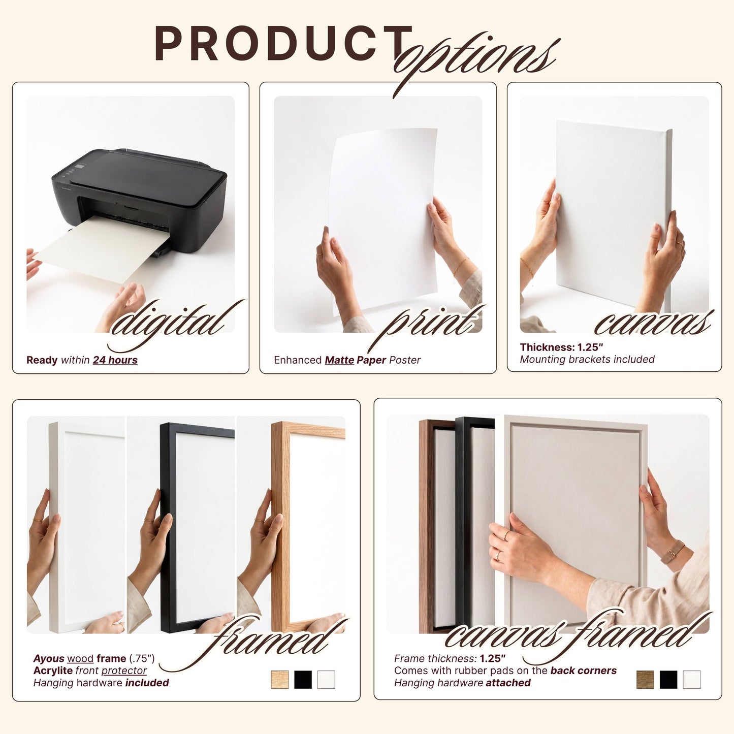 Product options infographic showing different print and framed poster choices, including digital, printed, canvas, and framed options with text labels and small color swatches.