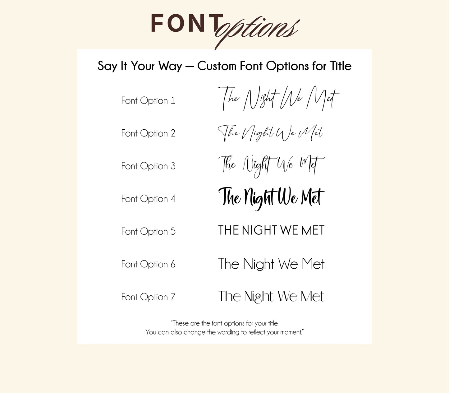A digital graphic showing seven font style options for the phrase 'The Night We Met' in various script and serif types, presented on a white card against a light beige background.
