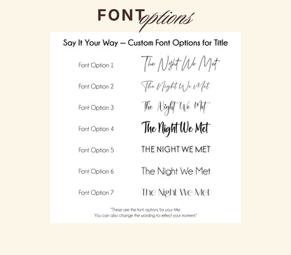 A digital graphic showing seven font style options for the phrase 'The Night We Met' in various script and serif types, presented on a white card against a light beige background.