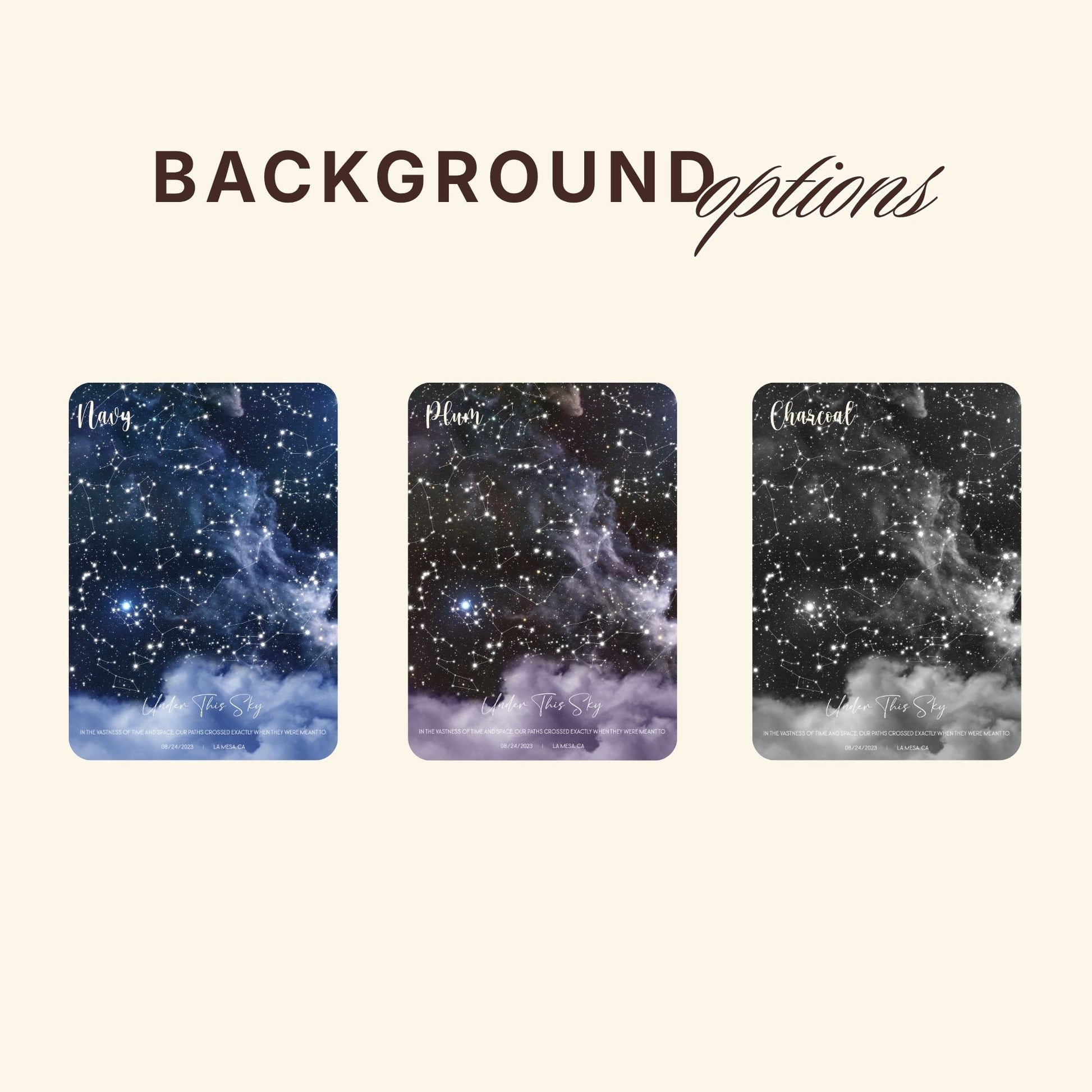 Three star map background options displayed side by side on a light beige background. The options are labeled 'navy', 'plum', and 'charcoal'