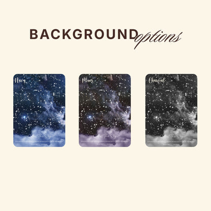 Three star map background options displayed side by side on a light beige background. The options are labeled 'navy', 'plum', and 'charcoal'