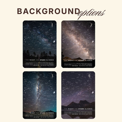 Choose from four scenic background designs for your personalized Milky Way star map.
