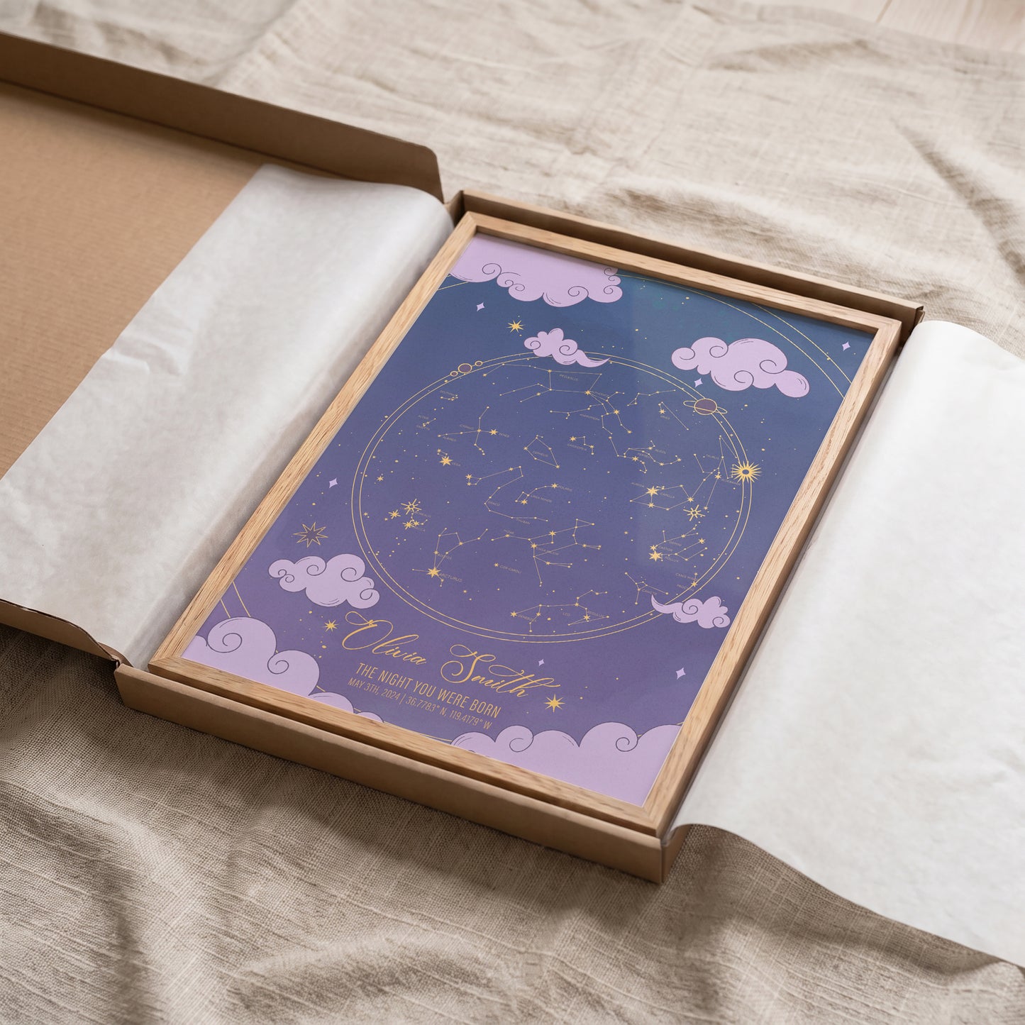 Baby girl star map wall art with custom birth date and location