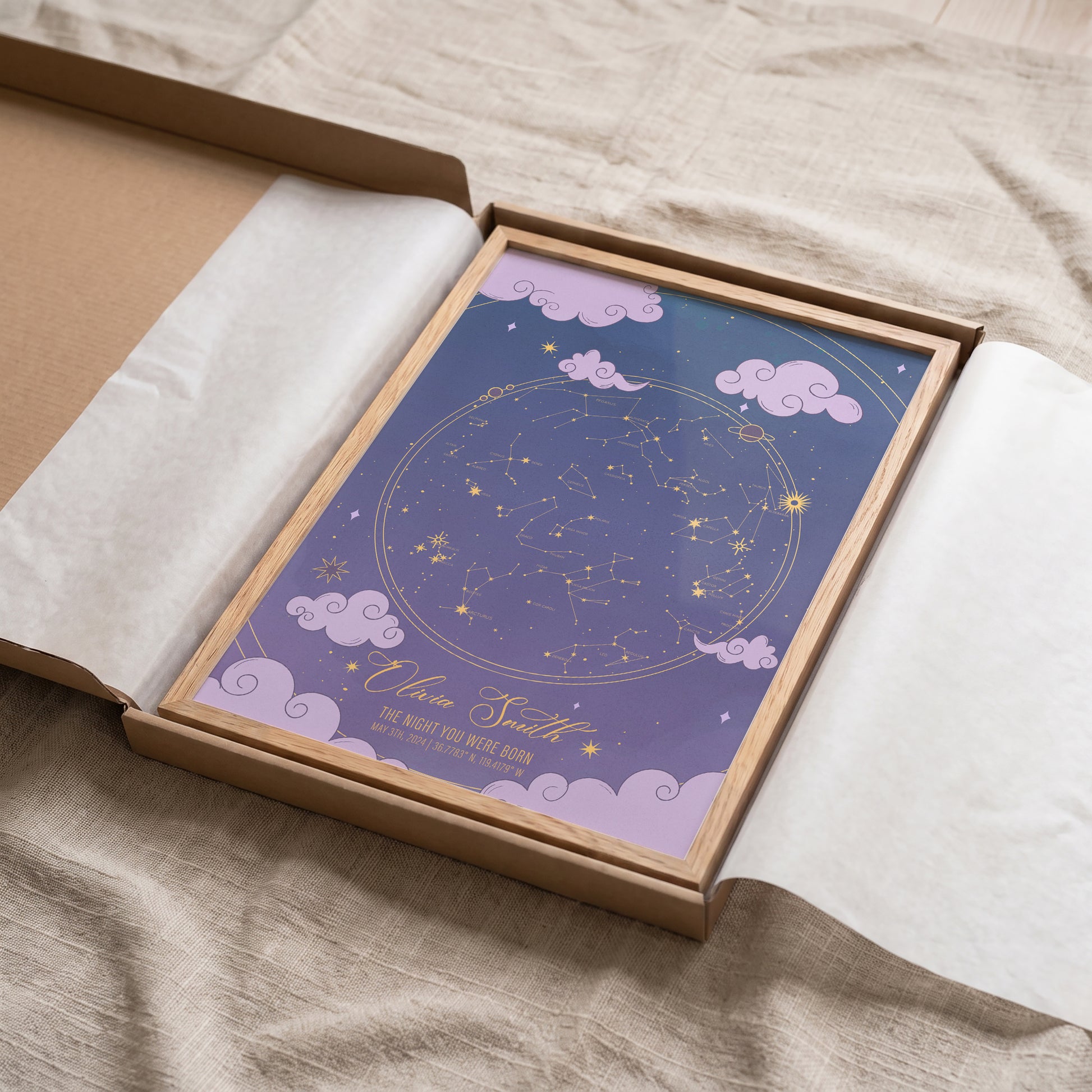 Baby girl star map wall art with custom birth date and location