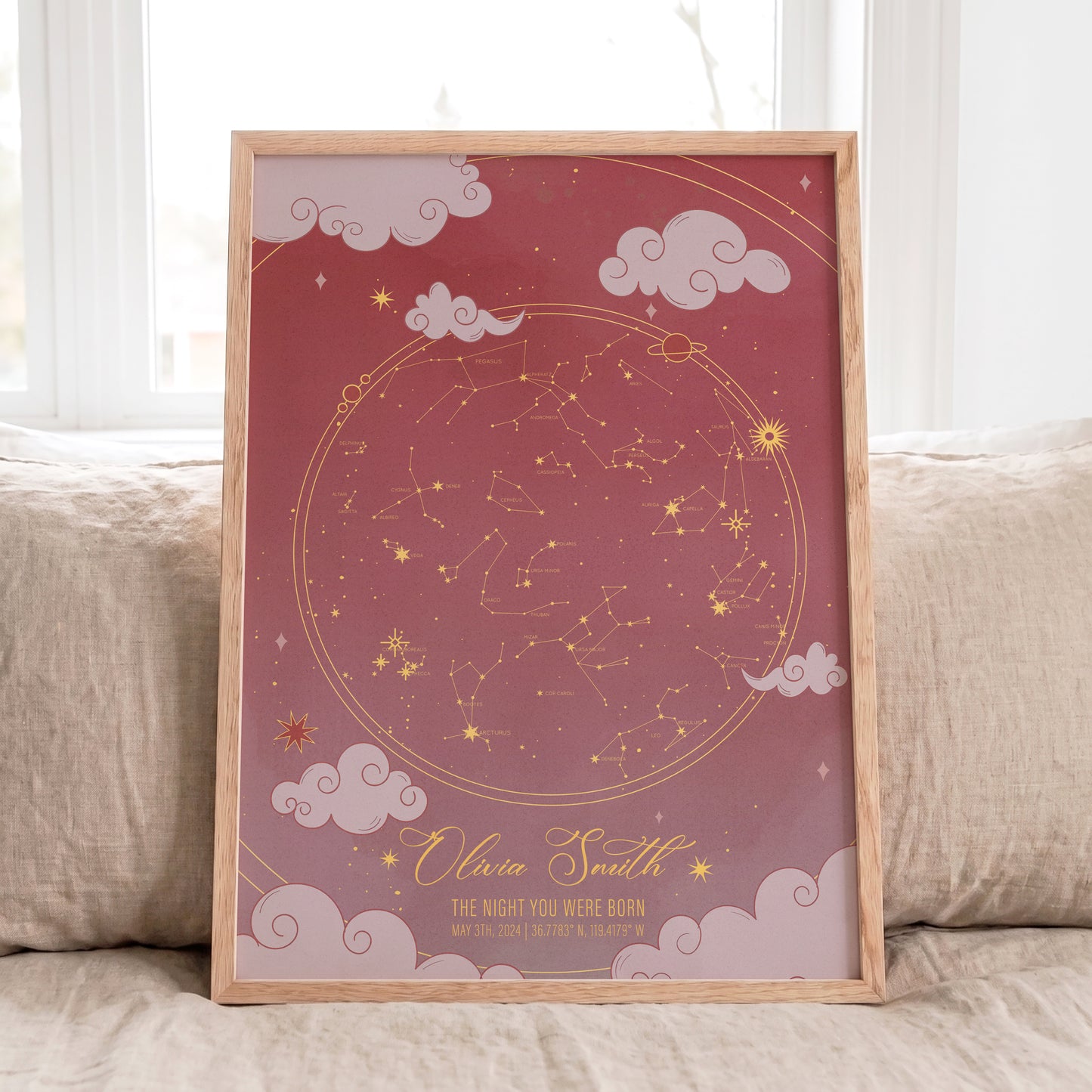Personalized nursery decor with baby girl's birth star map
