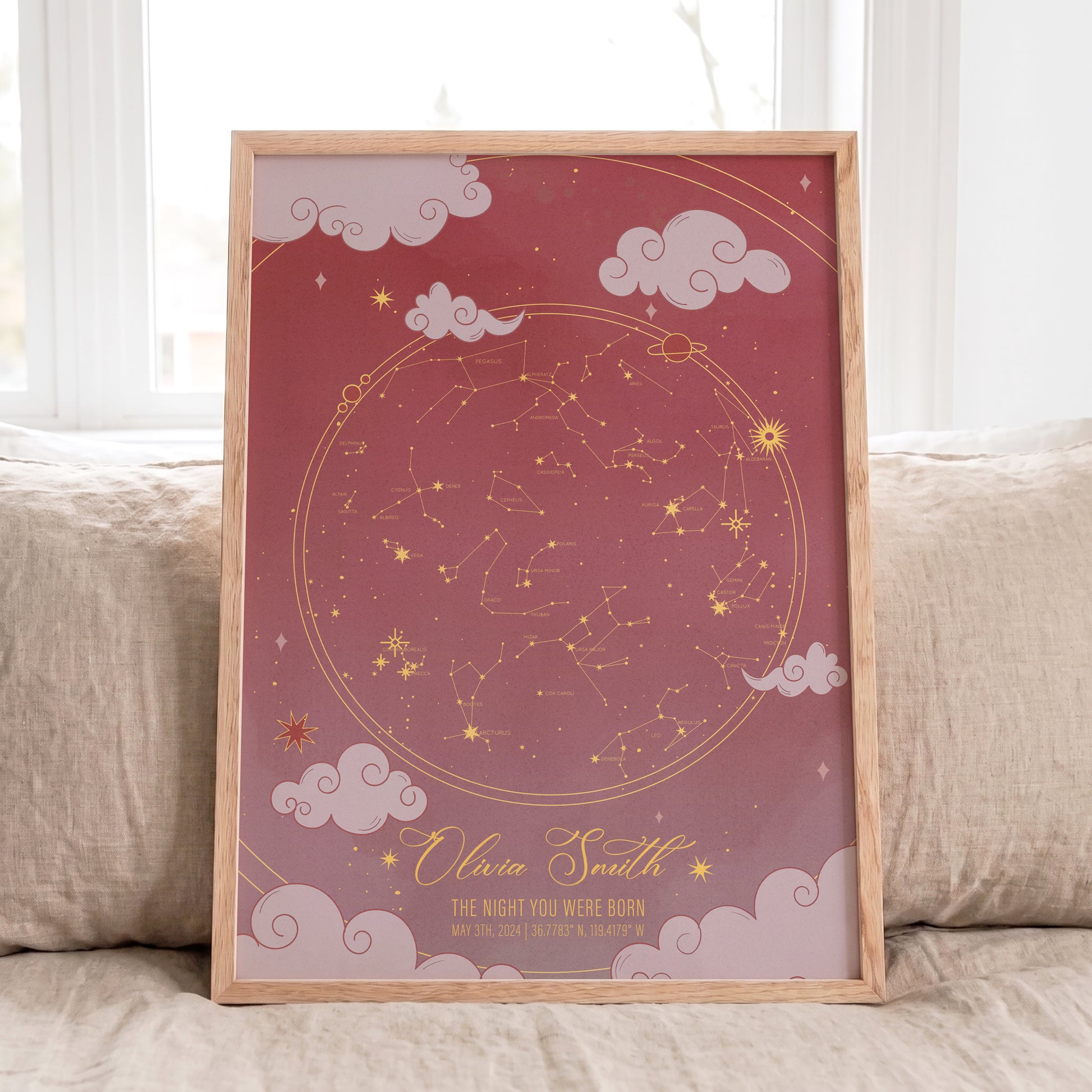 Personalized nursery decor with baby girl's birth star map