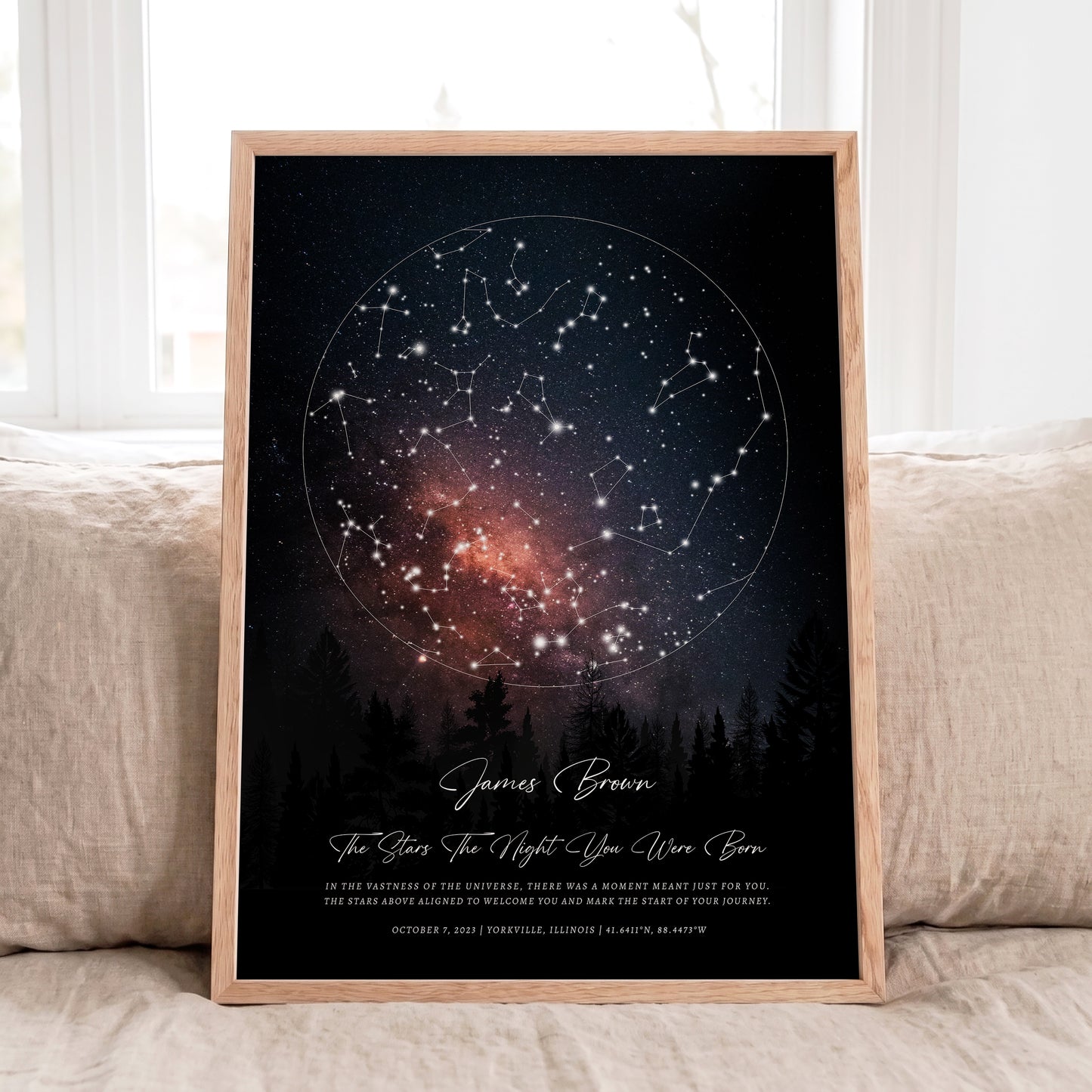 Personalized Birth Star Map Print featuring the exact night sky from a baby's birth date.