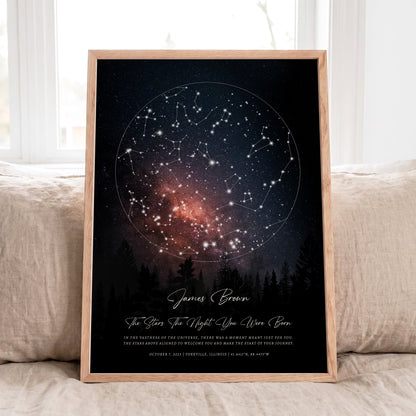 Personalized Birth Star Map Print featuring the exact night sky from a baby's birth date.
