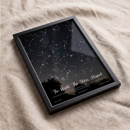 Personalized night sky print in a black frame displayed as elegant wedding wall art.