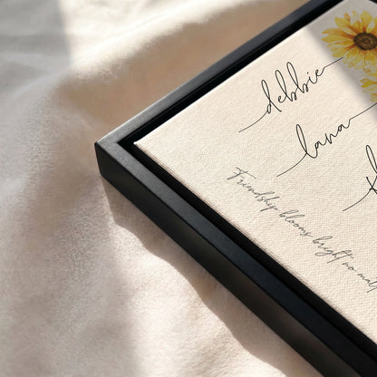 Black floating frame canvas texture and detail for custom family name flower art