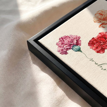 Black floating frame canvas detail for personalized carnation print with kids names