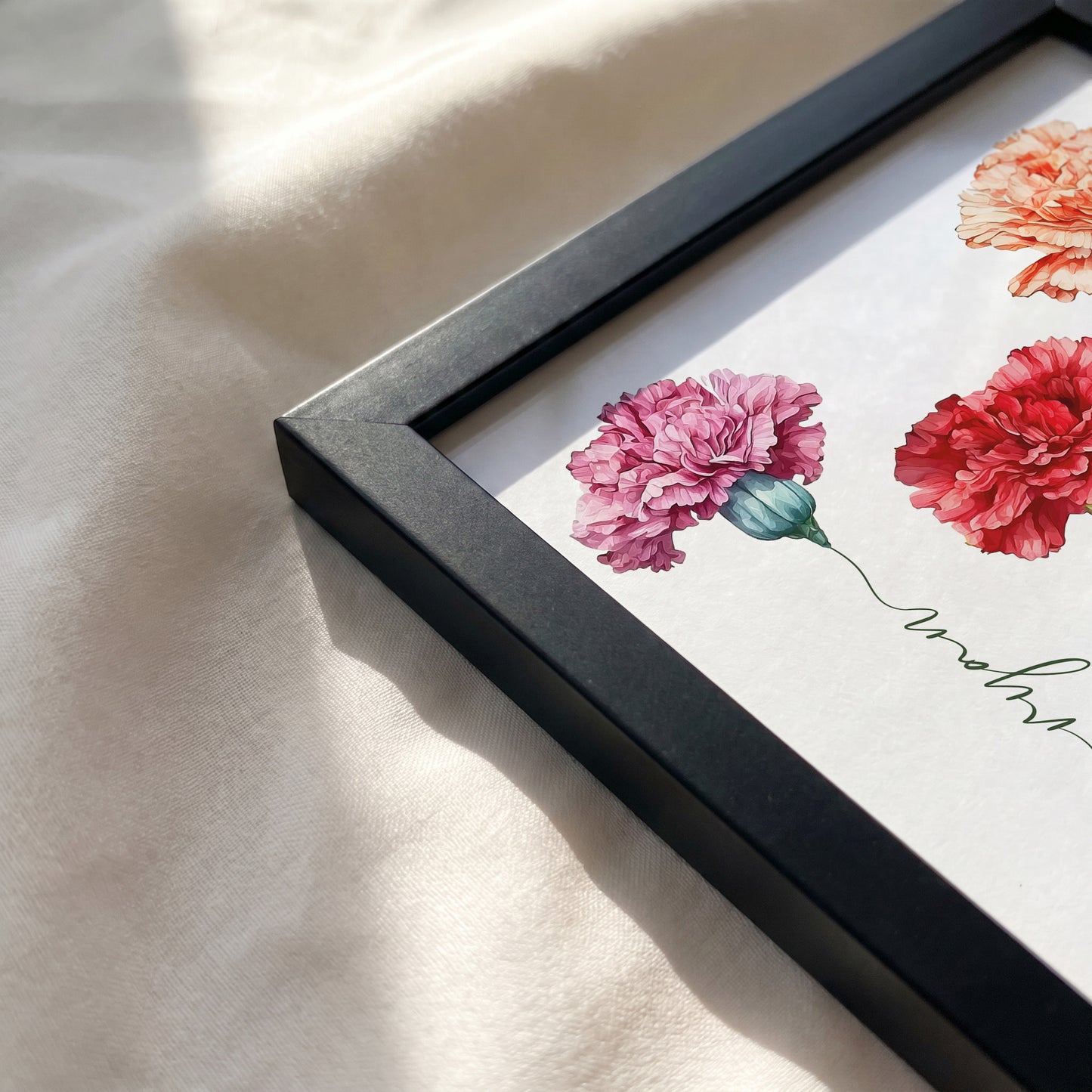 Black wooden frame corner detail for personalized carnation family name print