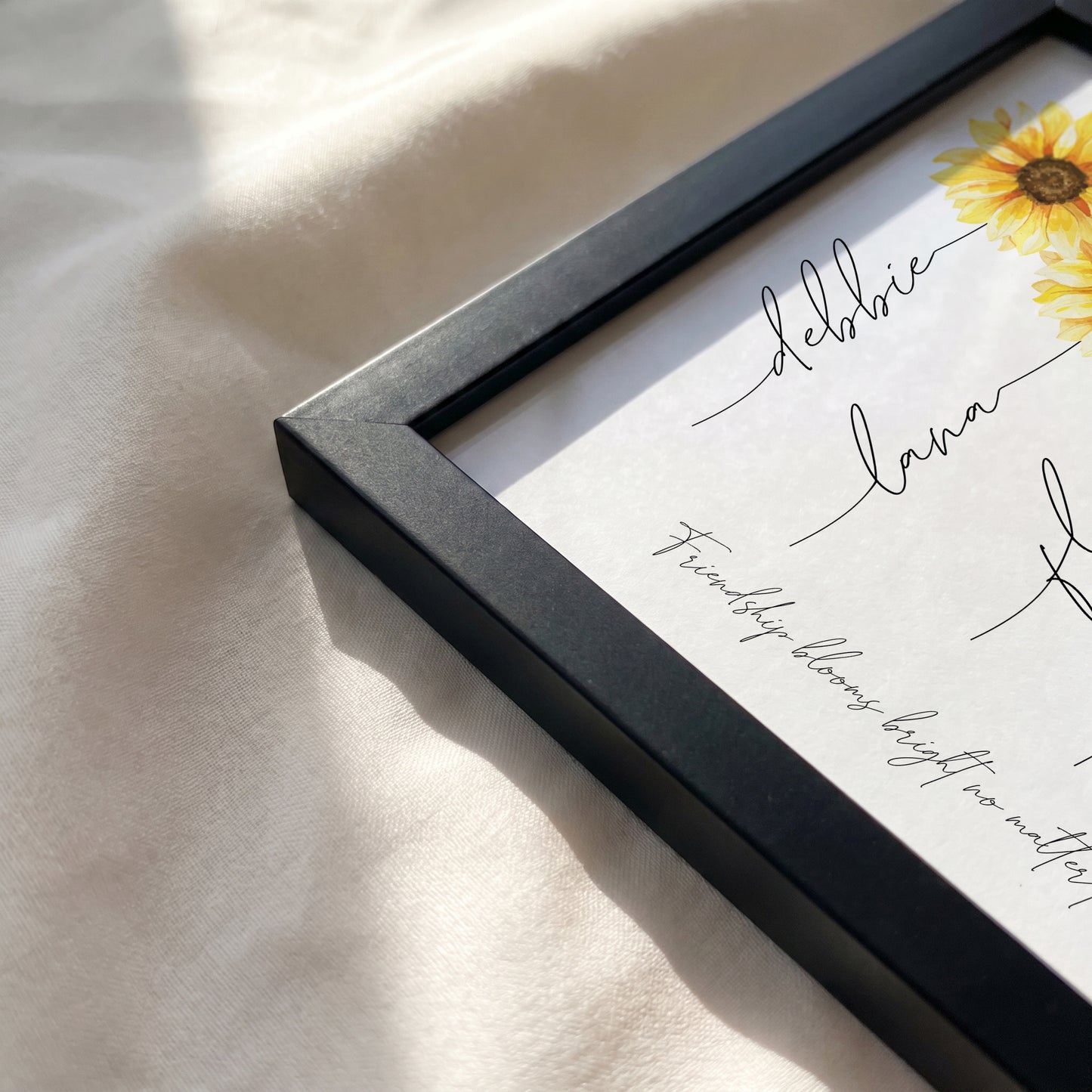 Black wooden frame detail for personalized birth flower art print