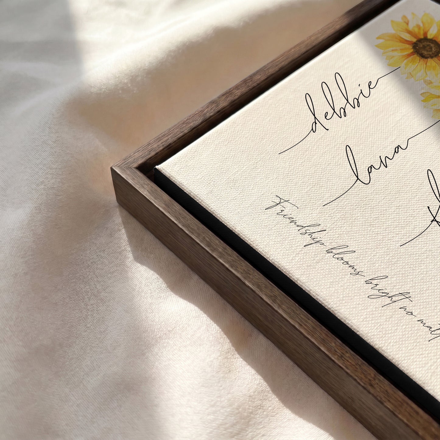 Brown walnut floating frame canvas detail for personalized birth flower bouquet