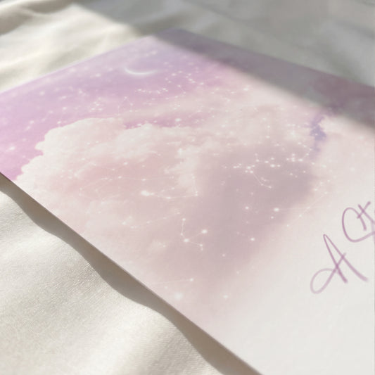 Close-up of a personalized cloudy star map print showing premium paper texture and detailed constellations.