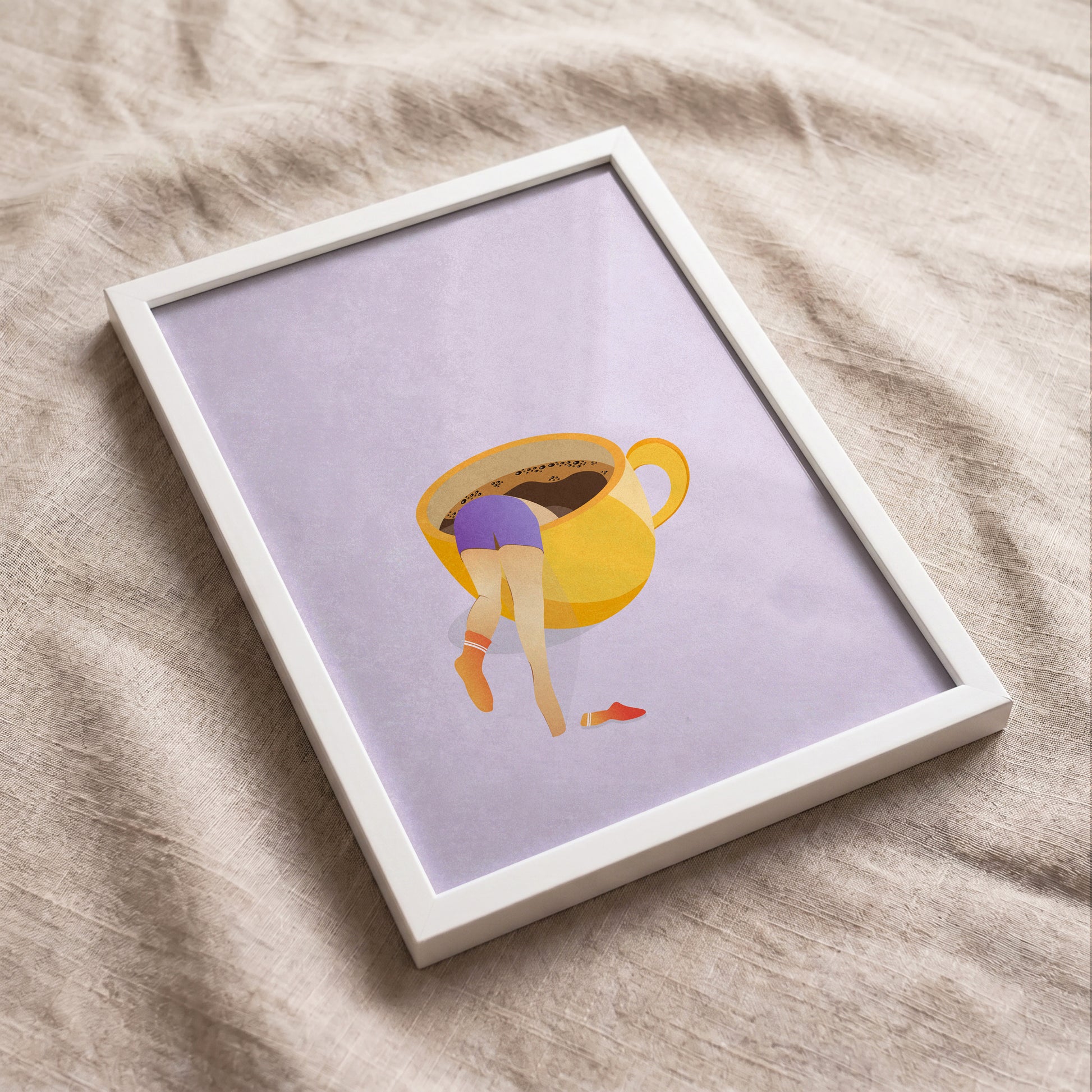 Funny coffee theme wall art print in white frame for kitchen or coffee corner decor