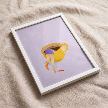 Funny coffee theme wall art print in white frame for kitchen or coffee corner decor