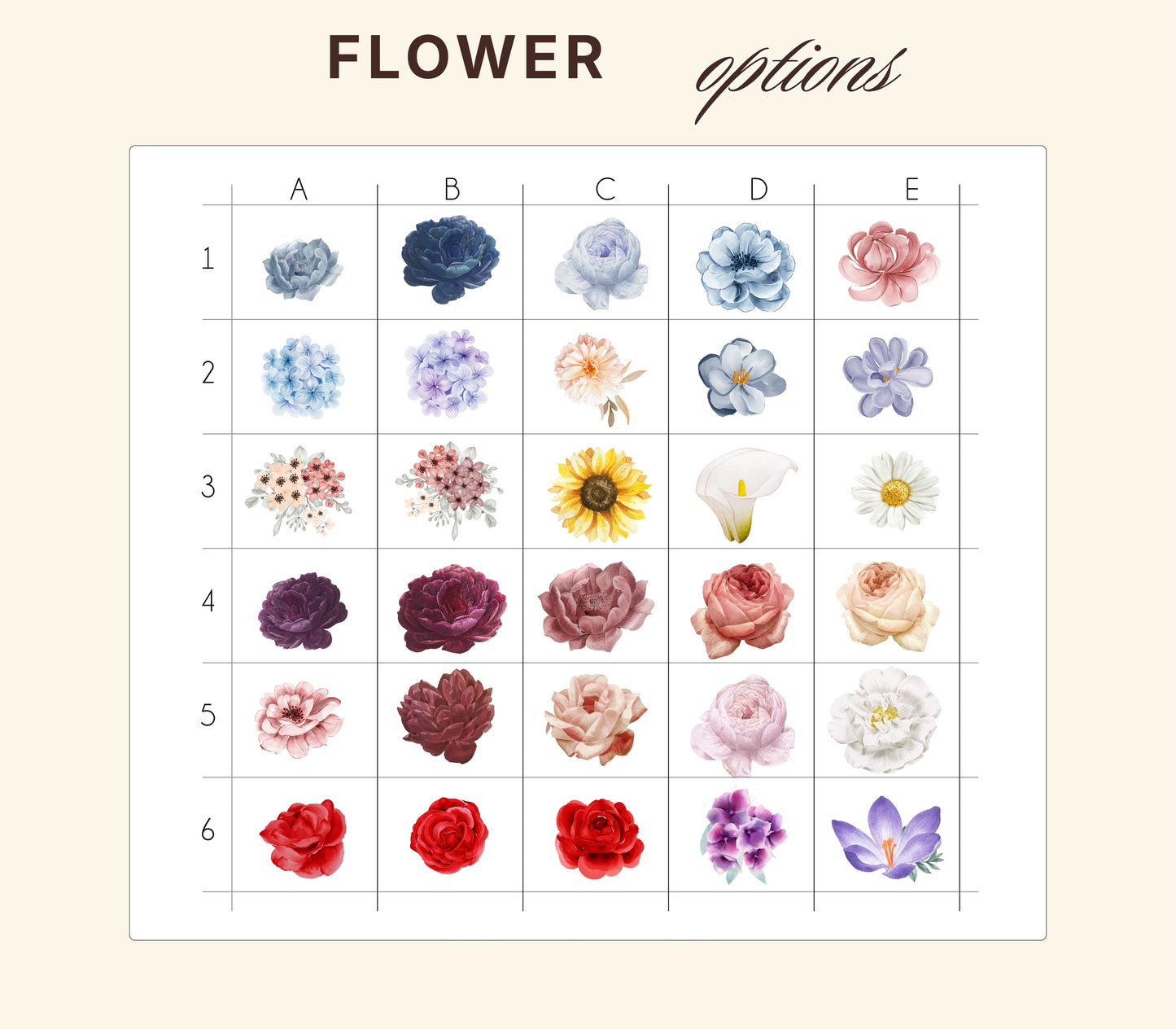 Custom birth flower choice options chart for personalized bouquet design