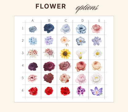 Custom birth flower choice options chart for personalized bouquet design
