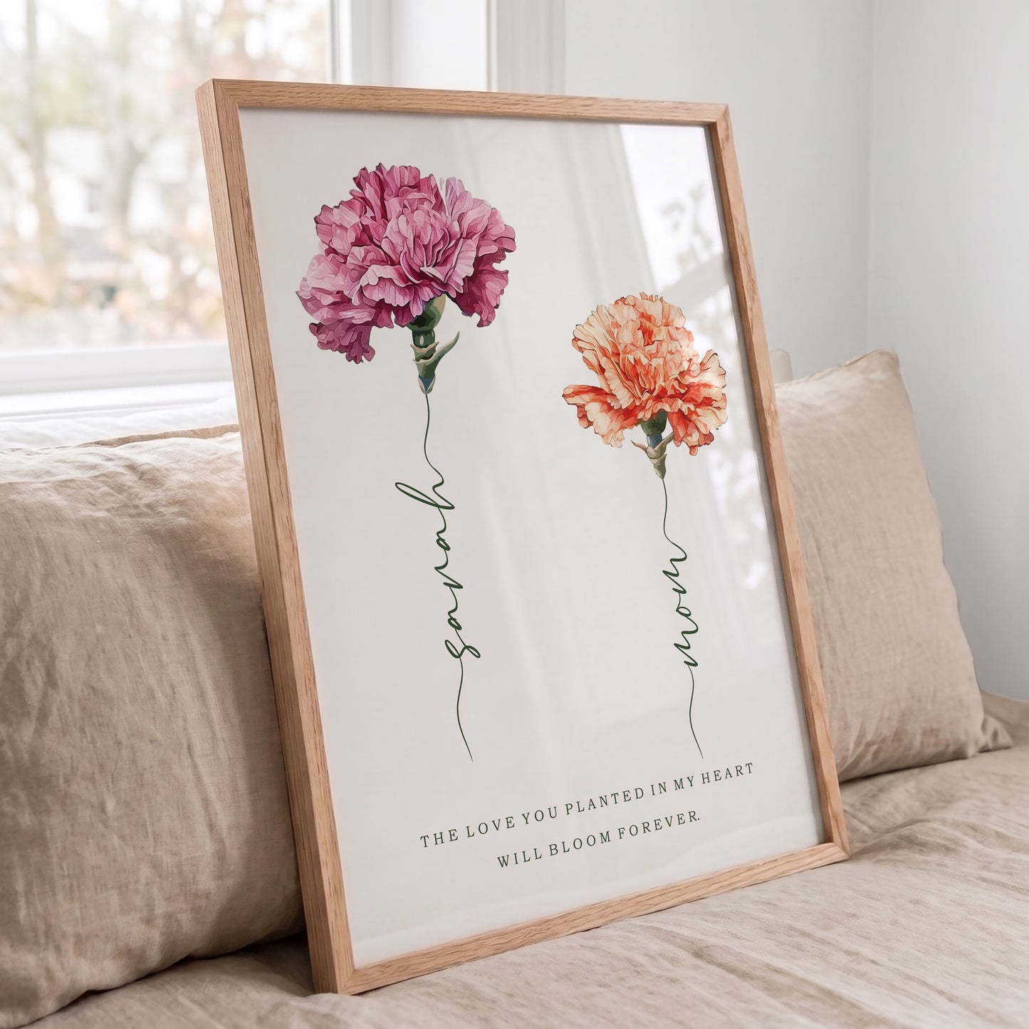 ustom carnation flower wall art print in natural oak wooden frame for mothers day