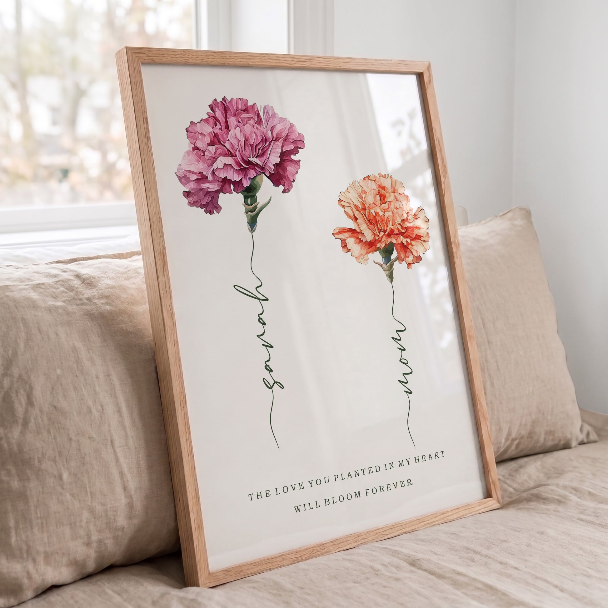 ustom carnation flower wall art print in natural oak wooden frame for mothers day