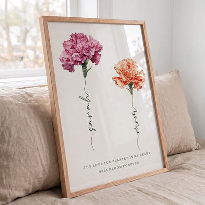 ustom carnation flower wall art print in natural oak wooden frame for mothers day