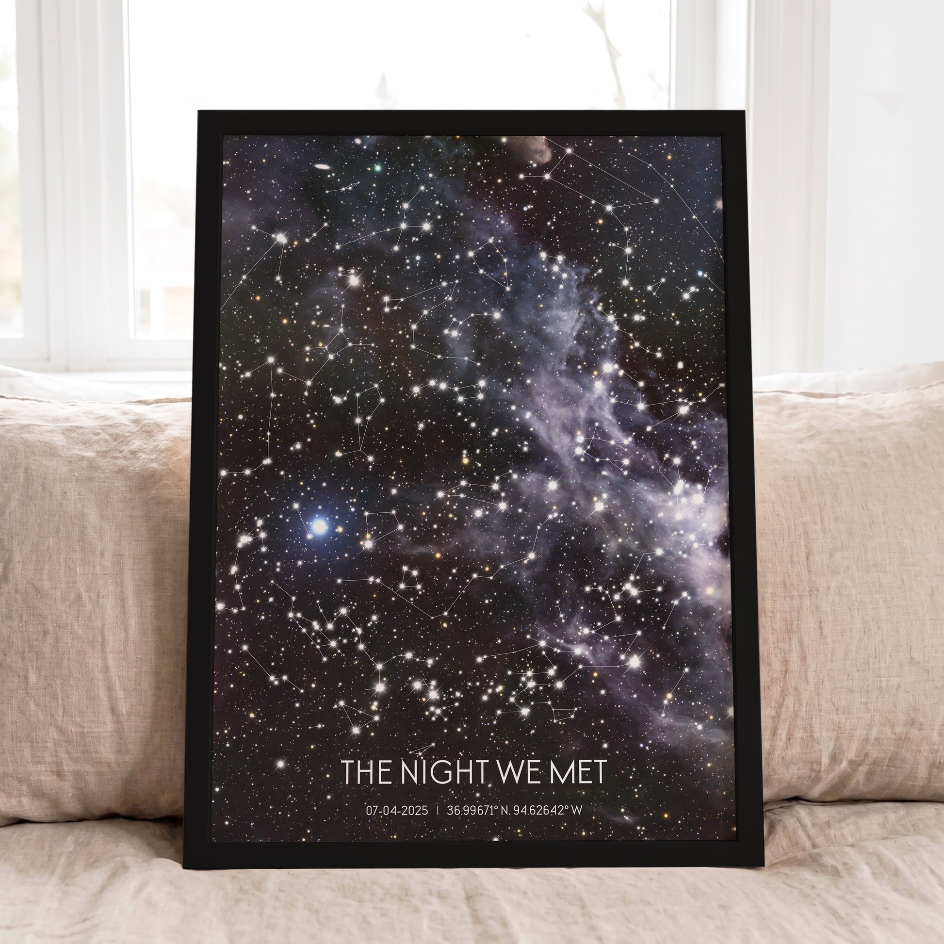 Personalized custom star map displayed in a black wooden frame.