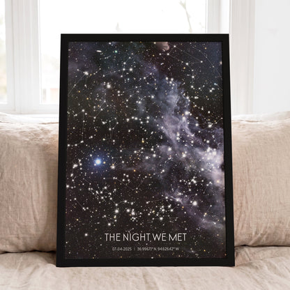 Personalized custom star map displayed in a black wooden frame.
