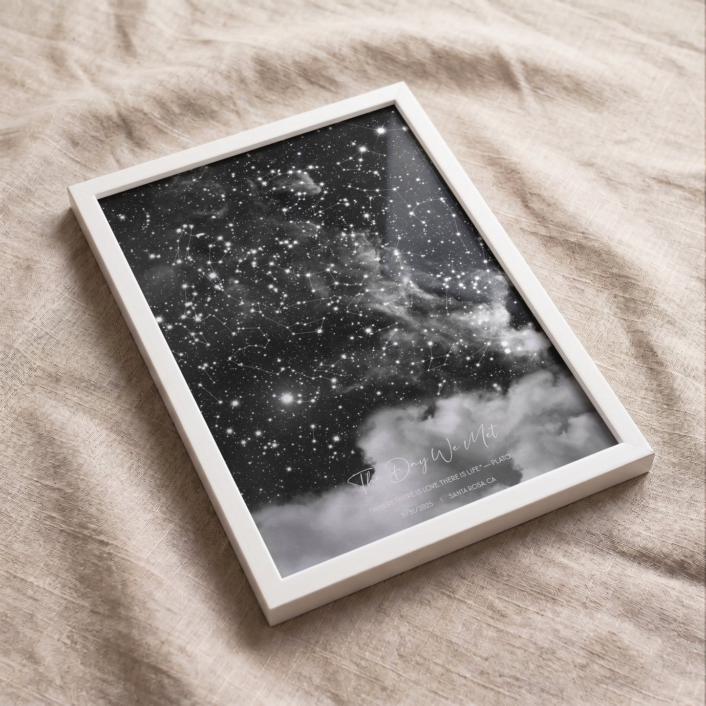 Personalized cloud background star map print in a white wooden frame displayed on a beige textured fabric surface.