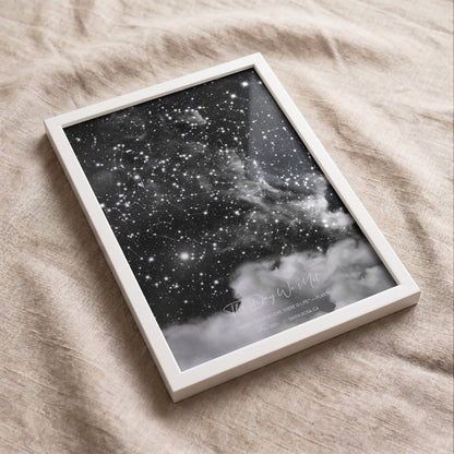 Personalized cloud background star map print in a white wooden frame displayed on a beige textured fabric surface.