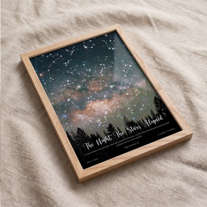 Angled view of a personalized Milky Way star map print in a natural oak frame with custom night sky and constellation artwork.