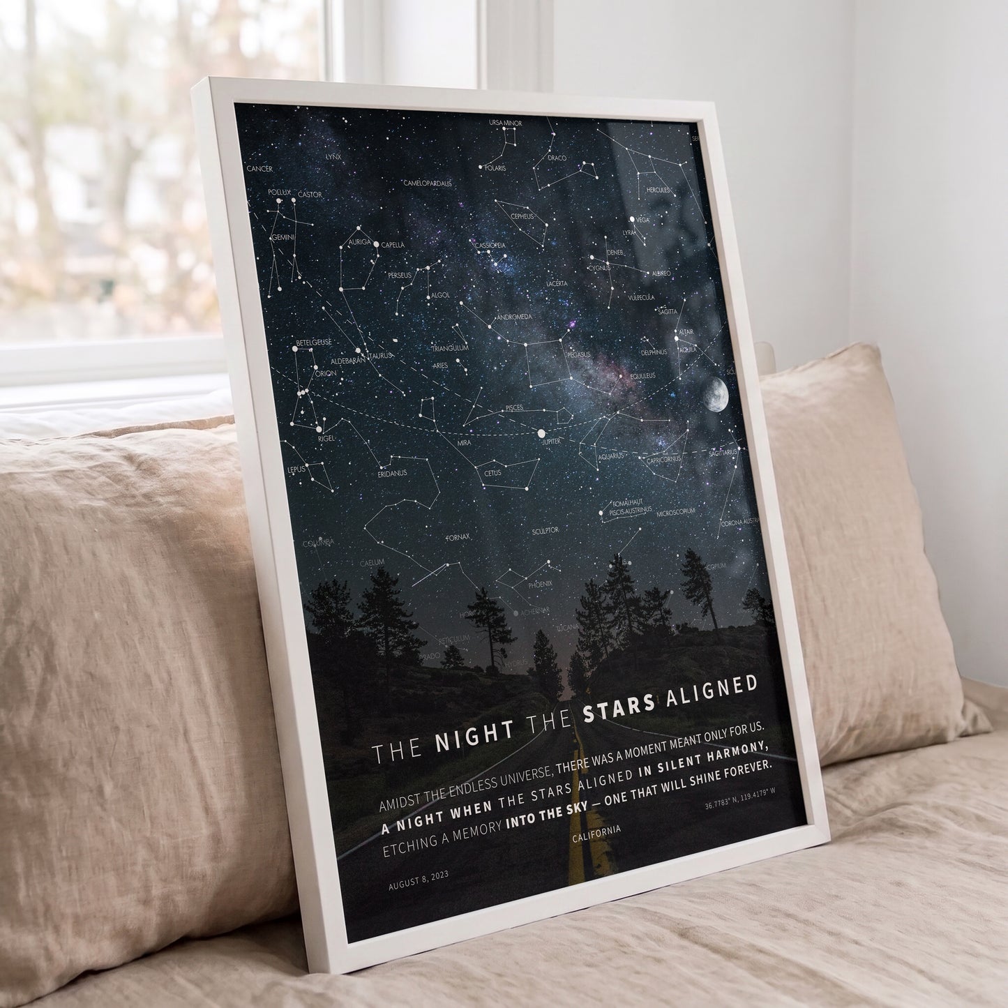 Framed personalized Milky Way night sky print with real constellations, custom date, and location.