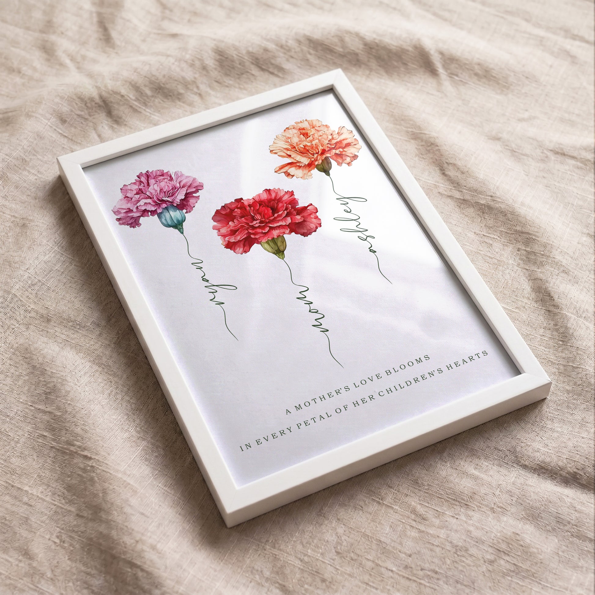 Custom mom flower garden art print in white frame placed on textured background