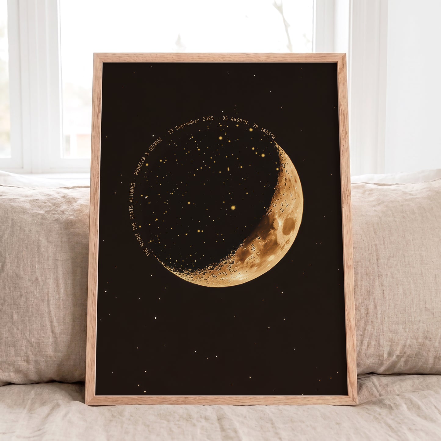 Detailed personalized night sky artwork featuring a realistic moon stars and constellations