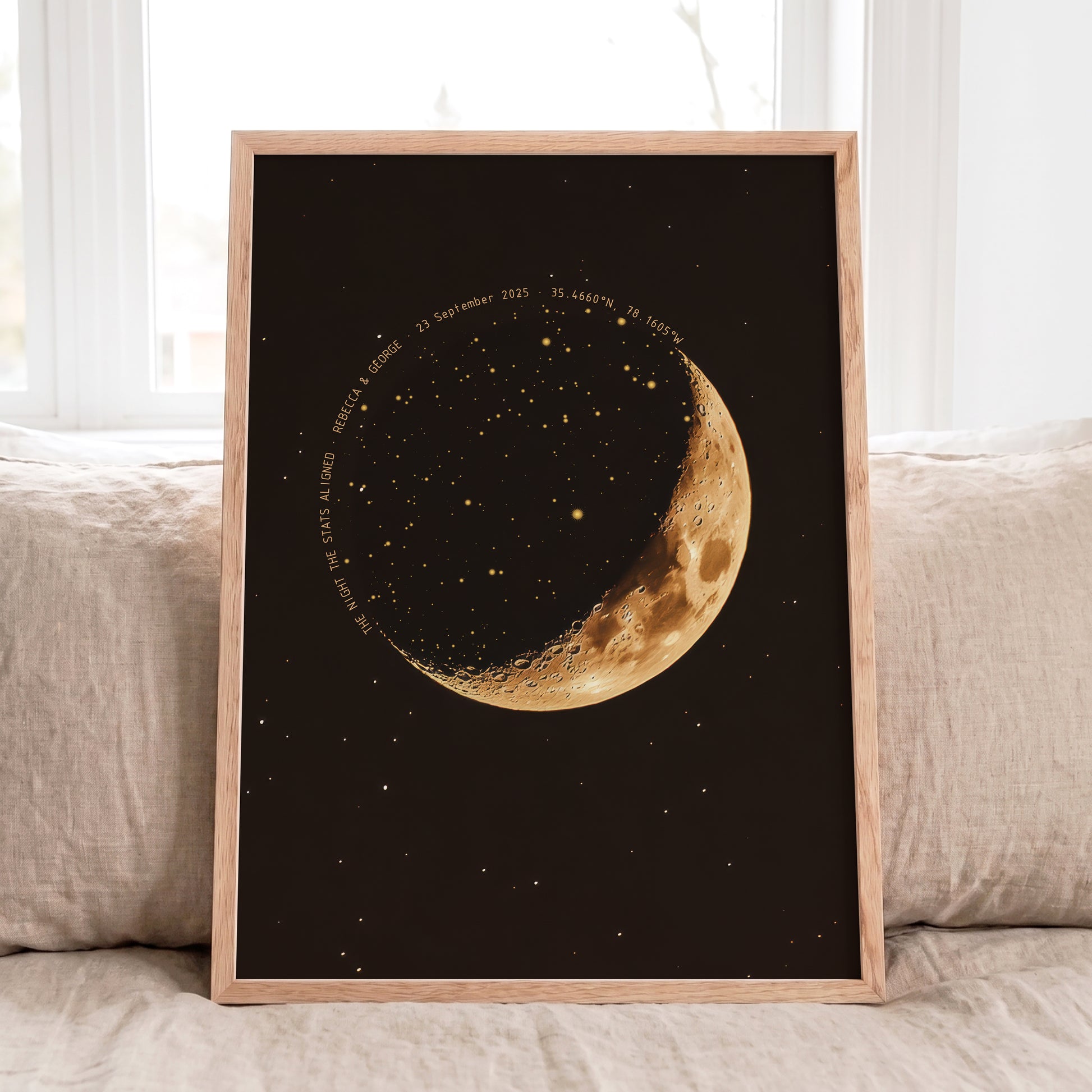 Detailed personalized night sky artwork featuring a realistic moon stars and constellations