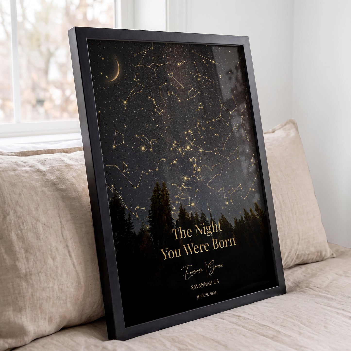 Personalized gold constellation star map displayed in a black frame with custom name and date.