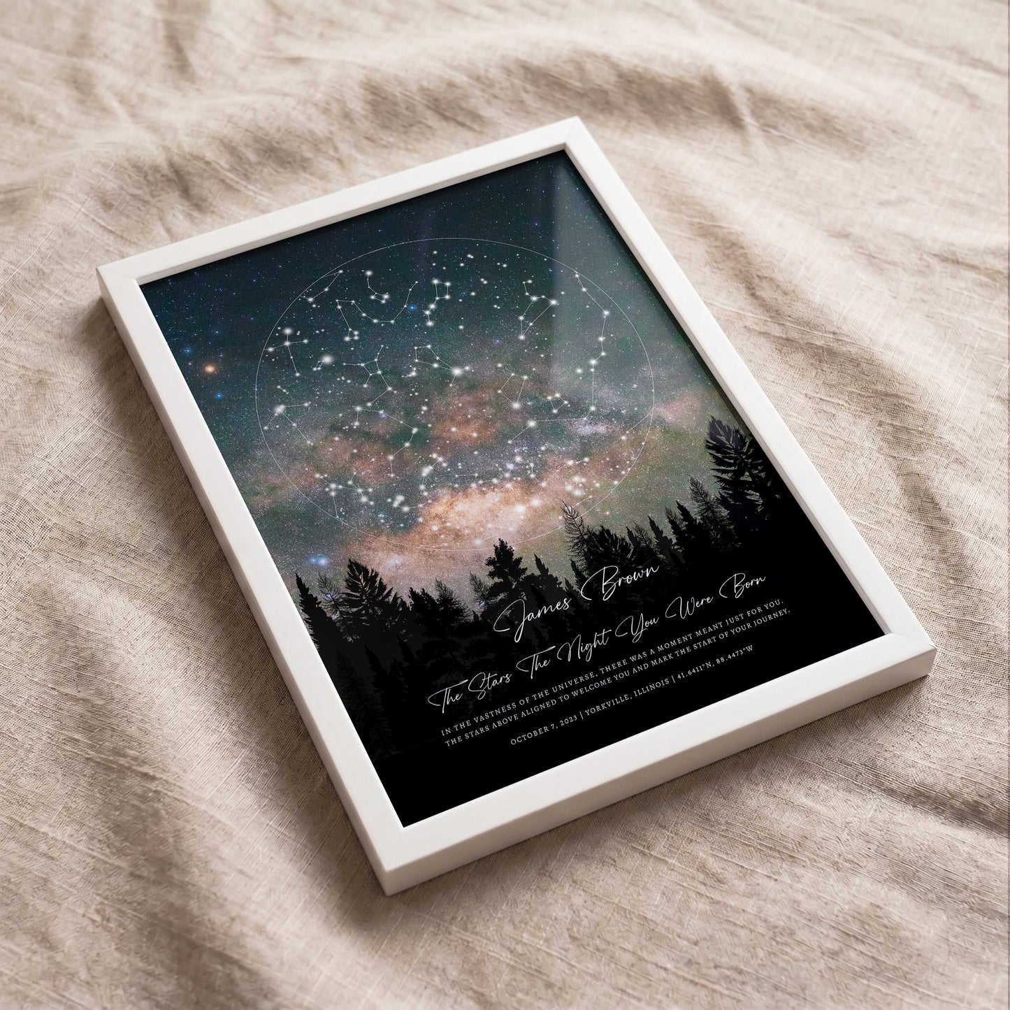 Custom Night Sky artwork in a white frame viewed from above on textured linen fabric.