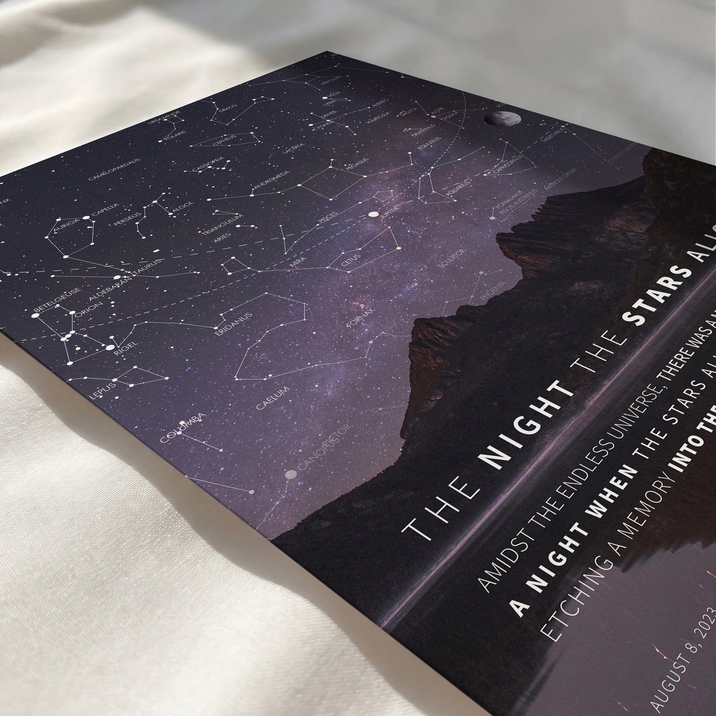 Close-up of a custom Milky Way night sky print with mountain landscape, authentic constellation map, and personalized details.