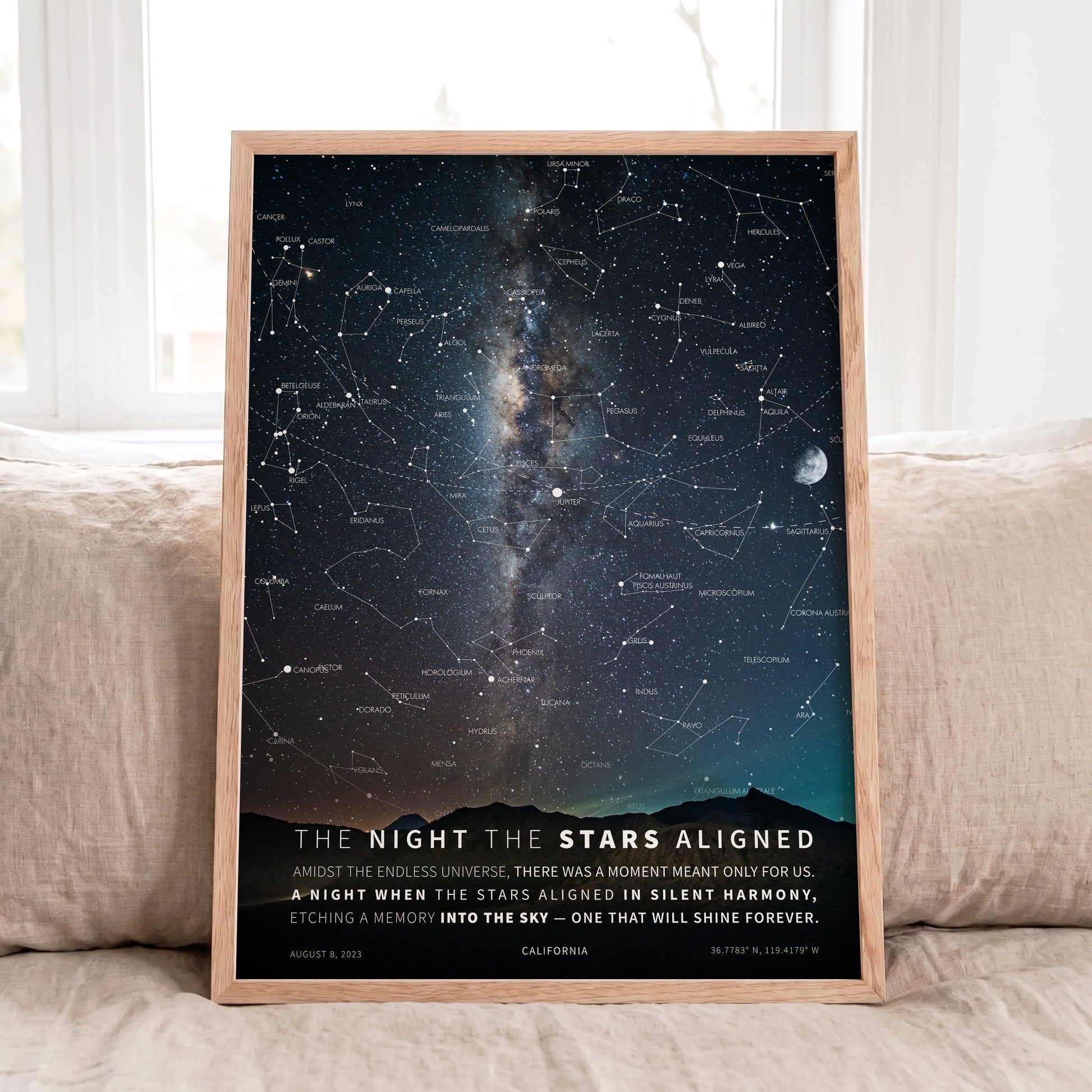 Personalized Milky Way Star Map featuring a forest silhouette, custom night sky print with real constellations, names, date, and location.