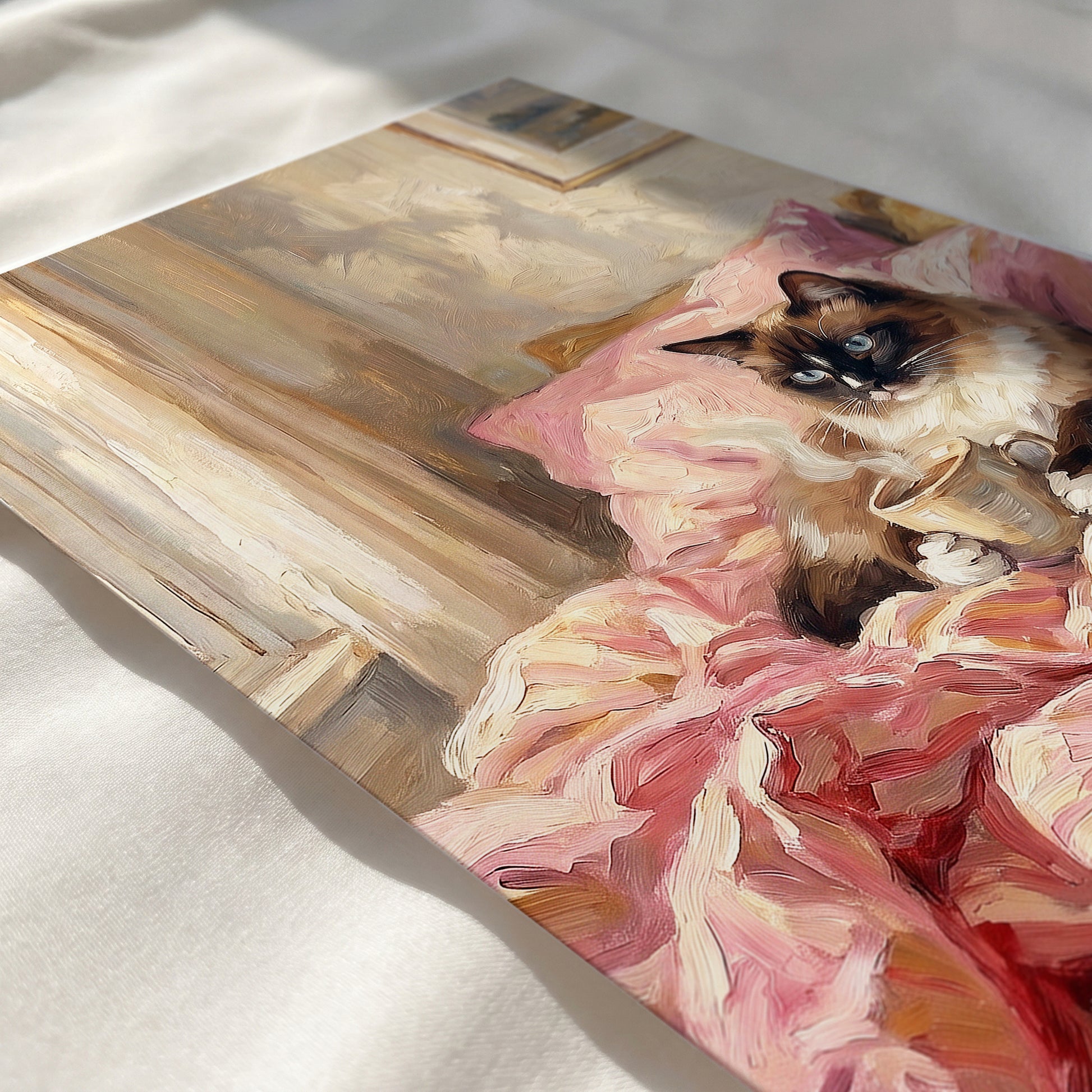 Close-up of a custom pet canvas showing textured brushstrokes and premium museum-quality printing.