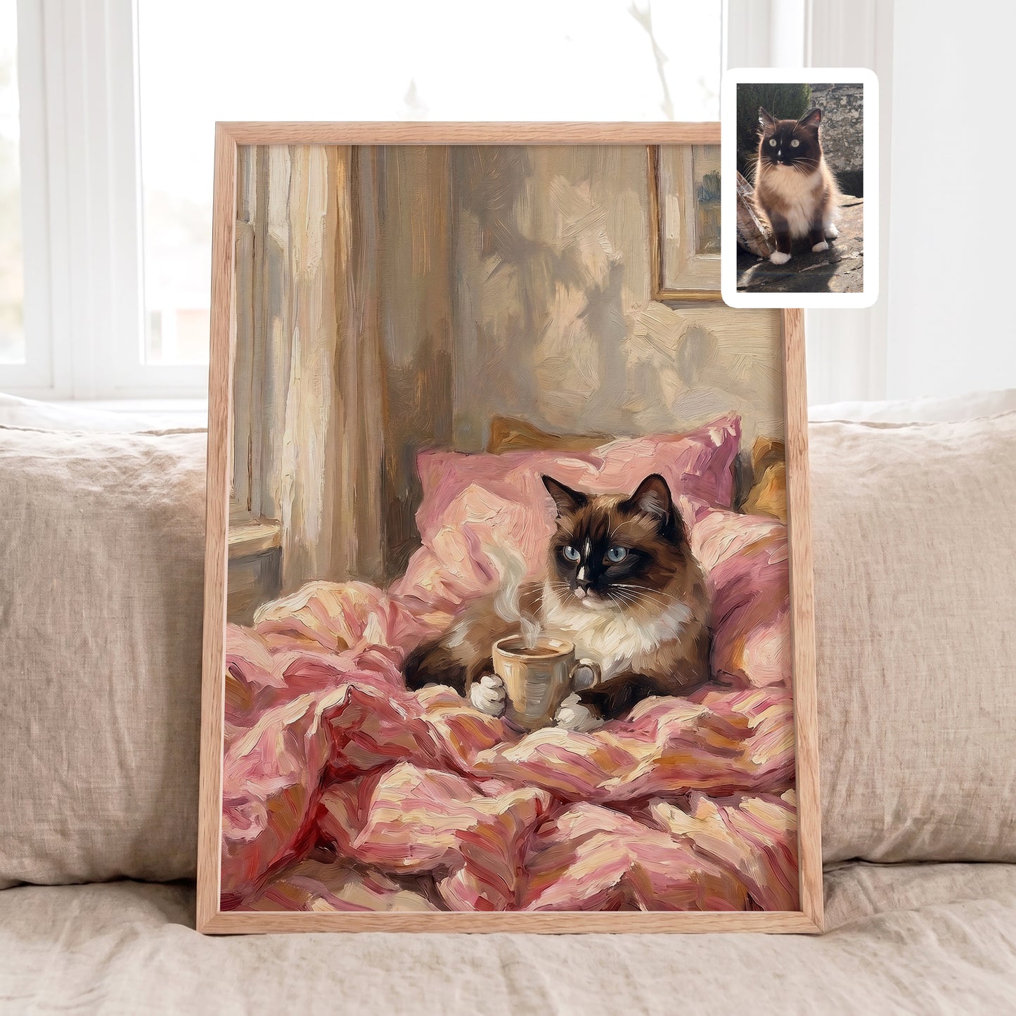 Custom cat portrait from photo featuring a cozy coffee scene with pink blankets in a personalized oil painting style.