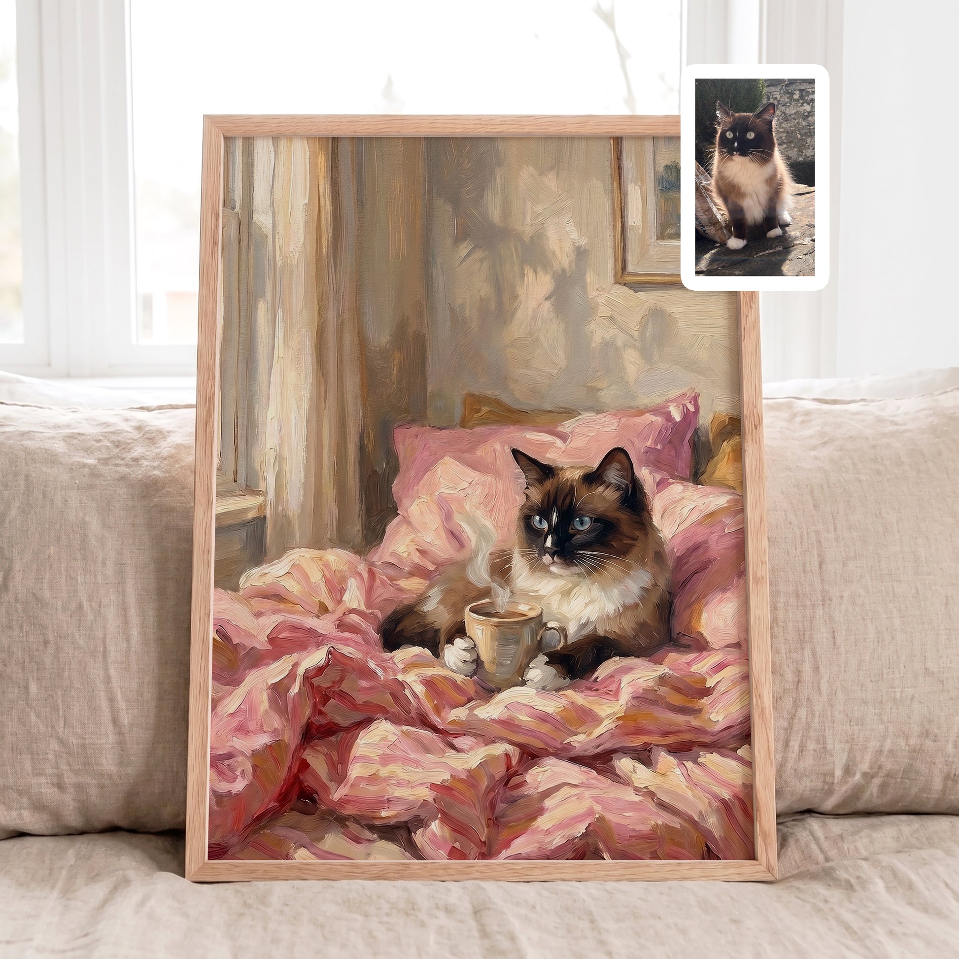 Custom cat portrait from photo featuring a cozy coffee scene with pink blankets in a personalized oil painting style.