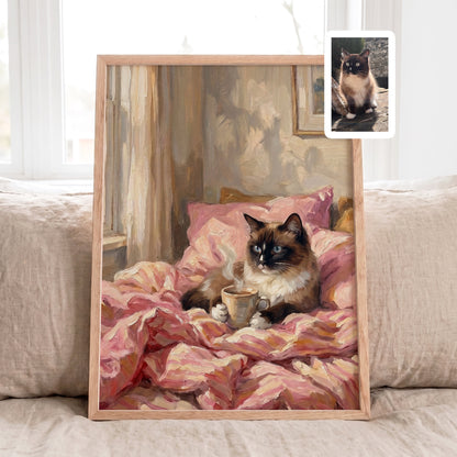 Custom cat portrait from photo featuring a cozy coffee scene with pink blankets in a personalized oil painting style.