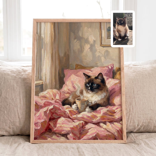 Custom cat portrait from photo featuring a cozy coffee scene with pink blankets in a personalized oil painting style.