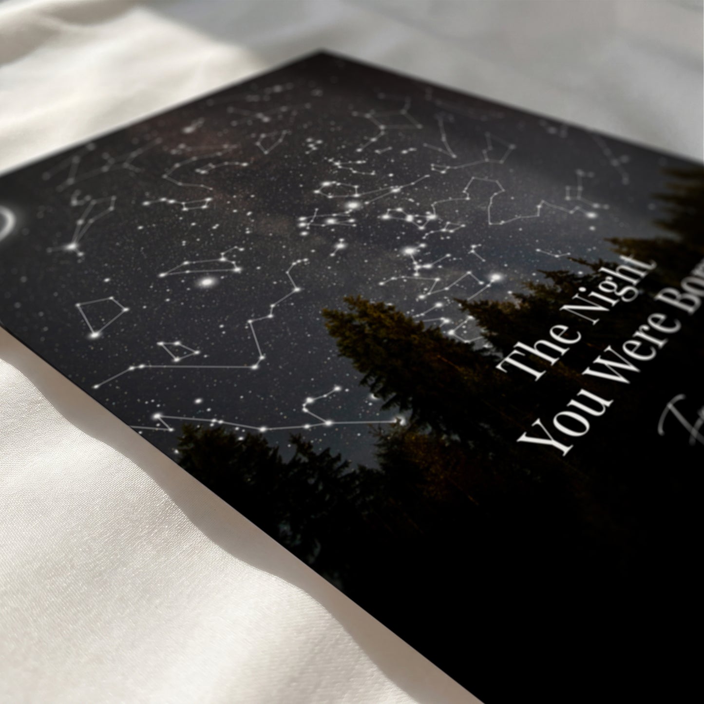 Close-up of a personalized star map showcasing detailed constellations and elegant custom typography.