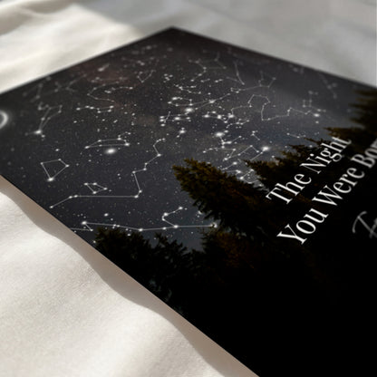 Close-up of a personalized star map showcasing detailed constellations and elegant custom typography.