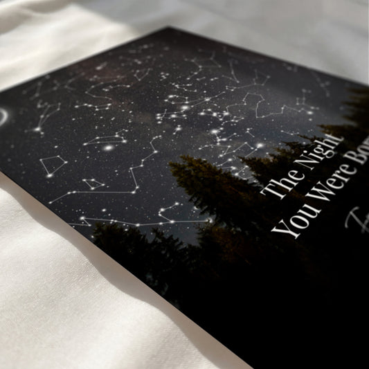 Close-up of a personalized star map showcasing detailed constellations and elegant custom typography.