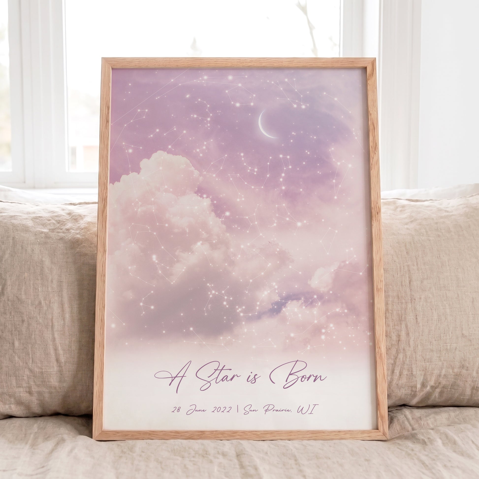 Custom cloudy star map displayed in a Red Oak frame with personalized title, date, and location.
